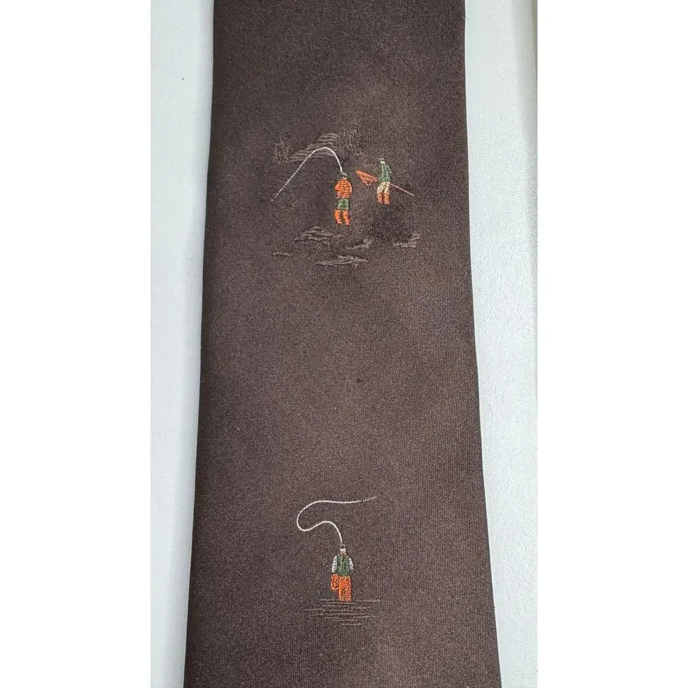 1950s Countess Mara Brown Silk Fisherman Novelty Tie Wide Necktie NWT